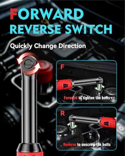 SOARFLY 3/8" Cordless Ratchet Wrench Set, Extended Electric Ratchet Wrench, 40 Ft-lbs (55 N.m), 450 RPM, 16.8V Wrench Ratchet Set with 2*2000mAh Lithium Batteries, Variable Speed, 7 Sockets, LED Light - color: Red