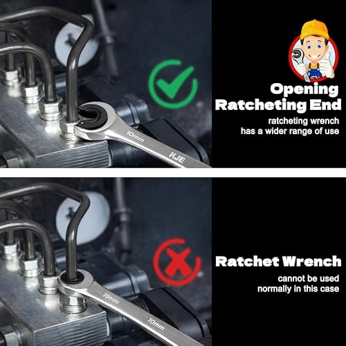 KJE 6PCS Metric 10-17mm Ratcheting Flare Nut Wrench, Brake Line Wrench Set, Ratcheting open end Tubing Wrench Set, 72-Tooth, CR-V, for Nuts on Fuel, Brake or Air Conditioning Lines, Gifts for Men
