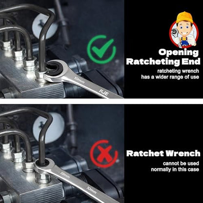 KJE 6PCS Metric 10-17mm Ratcheting Flare Nut Wrench, Brake Line Wrench Set, Ratcheting open end Tubing Wrench Set, 72-Tooth, CR-V, for Nuts on Fuel, Brake or Air Conditioning Lines, Gifts for Men