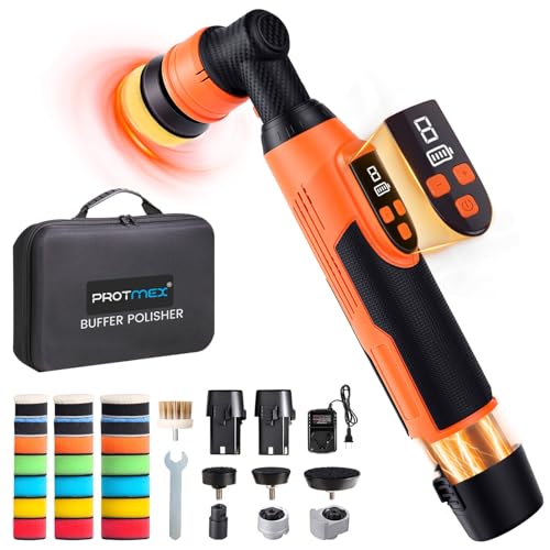 Protmex Cordless Mini Car Buffer Polisher with 8 Variable Speeds 2000‑6000 RPM, LED Display, 2×2000mAh 21V Batteries, Mini Polishers Kit for Auto Detailing, Scratch Remover and Paint Care - Short