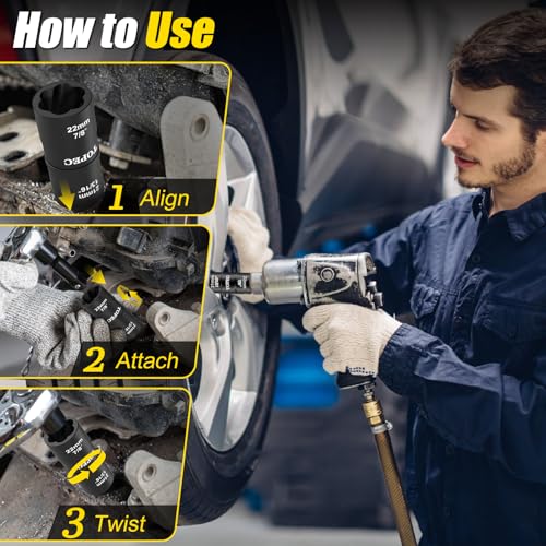 Topec 2-IN-1 Lug Nut Extractor with Extension Bar, 1/2" Drive Lug Nut Removal Tool, Flip Wheel Lock Remover Socket Kit for Damaged, Stripped and Rounded Bolts, Nuts (21mm x 22mm)