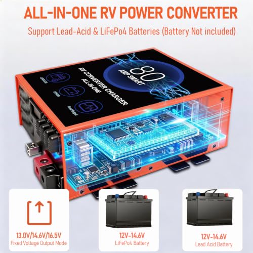 80 Amp RV Power Converter, 120V AC to 12V DC RV Converter Battery Charger, Compatible With Lithium Batteries Lead-Acid Batteries, Adjustable Voltage 13V-16.5V, Suitable for RV, Boat & Off-Grid Systems