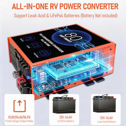 80 Amp RV Power Converter, 120V AC to 12V DC RV Converter Battery Charger, Compatible With Lithium Batteries Lead-Acid Batteries, Adjustable Voltage 13V-16.5V, Suitable for RV, Boat & Off-Grid Systems