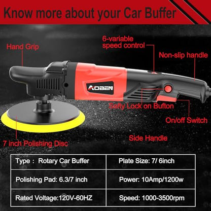 AOBEN Rotary Buffer Polisher,1200W 6-inch/ 7-inch Car Buffer,Car Polisher Waxer Kit with 6 Variable Speed 1000-3500RPM & 4 Polishing Pads,Detachable Handle for Boat,Car Polishing and Waxing - size: AT3501A