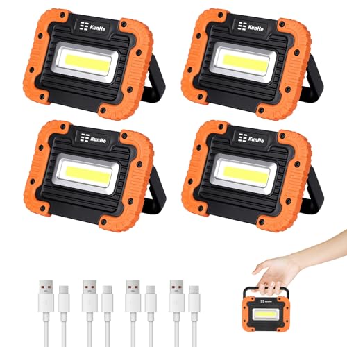 KunHe 4 Pack Rechargeable LED Work Light 500LM Portable Light with Magnetic Base 2 Light Modes 1800mAh Battery IPX4 Flood Light for Car Repair Job Site - style: 4 PACK Rechargeable Version
