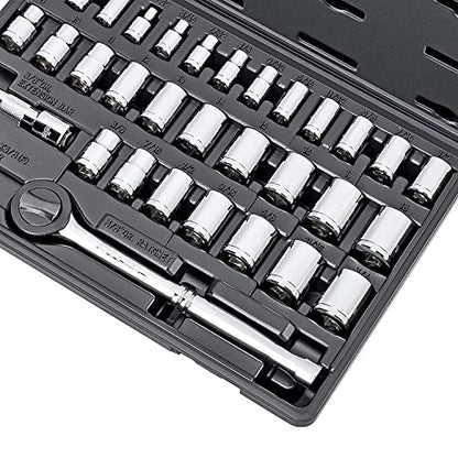 Carbyne 34-Piece 1/4 and 3/8 in. Drive Socket and Ratchet Set, SAE and Metric, CrV Steel, 72-Tooth Ratchets, 6 and 12 Point Sockets, Compact Storage Case