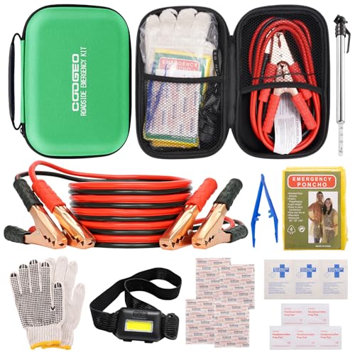 Car Roadside Emergency Kit with Battery Jumper Cables,Car Accessories for Men or Women,Automotive Safety Kit for Car,Vehicle, Truck or SUV,Gifts for Men or Him,Green - color: Green, size: 9 Pcs