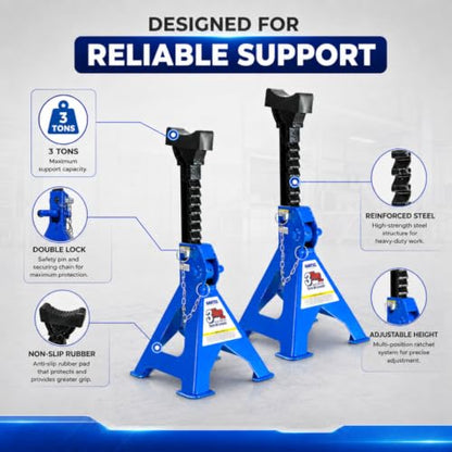 Hantec Jack Stands 3 Ton (6,600 lbs) Pro – Double Safety System, Non-Slip Rubber Pad, Heavy-Duty Steel, 1 Pair for Cars, SUVs and Trucks - Blue