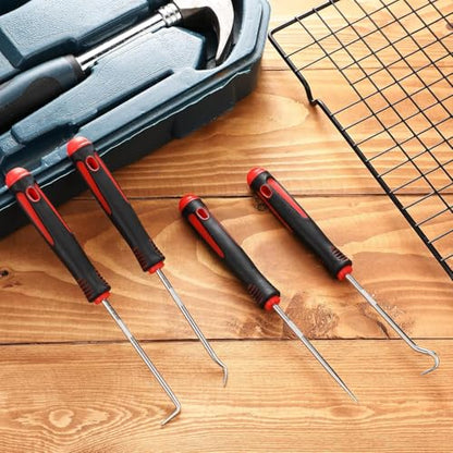 4 PCS Precision Pick and Hook Set, Heavy Duty Pick Set Mechanic Tools with Non-Slip Handle, for Automotive, O-Ring, Seal, Gasket Removal– Blue/Yellow/Red (Red) - color: Red