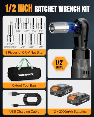 WORKPROX Electric Ratchet Wrench 1/2" Set, 20V Cordless Ratchet Wrench Kit, 74Ft-lbs, 250RPM, Battery Powered Ratchet with LED Light, 2-Pack 2000mAh Batteries, 7 Sockets & 3" Extension Bar - size: 1/2 inch