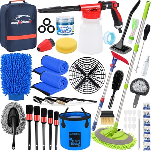 44Pcs Car Wash Detailing Kit Cleaning Kits with Foam Gun Sprayer Wash Mop with Long Handle Collapsible Bucket Large Wash Mitt Towels Complete Interior Exterior Car Washing Supply Set Blue - color: Blue