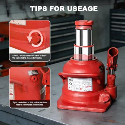 10 Ton (20,000 LBs) Double Ram Low Profile Welded Bottle Jack for Car Auto Repair and House Lift, Red - size: 10TON-LOW