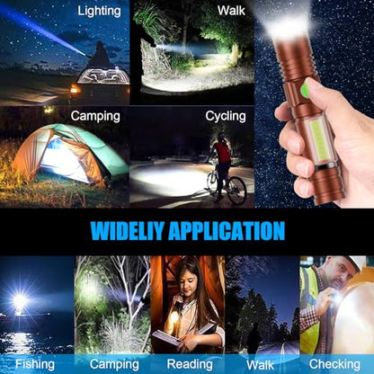 Hoxida Flashlight USB Rechargeable, Magnetic LED Flashlight, Super Bright LED Tactical Flashlight with Cob Sidelight, Waterproof, Zoomable Best Small LED Flashlight for Camping, Emergency - Brwon - color: Brown