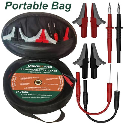 2 Wires 30FT 18AWG Retractable Test Leads with Cable Bag | Dual Ended Electrical Alligator Clips Test Probe Lead Wire Cables for Circuit Connection/Electrical Testing Troubleshooting