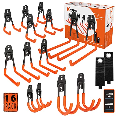 KOFANI Heavy Duty Steel Hooks, 16 Pack with Anti-Slip Coating - Utility Wall Mount Garage Storage for Hanging Bike, Ladder and Garden Tools - color: Orange, size: 16 Pack