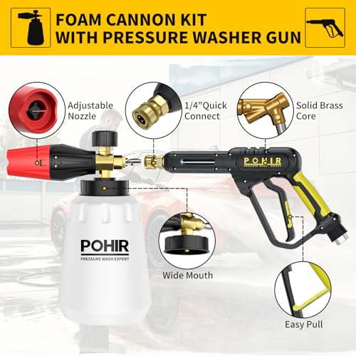 Pressure Washer Gun with Foam Cannon & 50ft Power Washer Hose 3600PSI Kit | POHIR 3/8'' Quick Connector & M22 15mm/14mm Fittings & 7 Nozzle Tips, Power Washing Hose and Gun Kit with 15" Extension Wand
