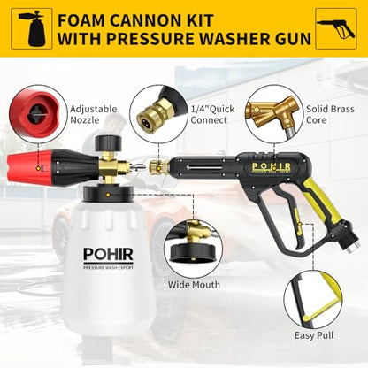 Pressure Washer Gun with Foam Cannon & 50ft Power Washer Hose 3600PSI Kit | POHIR 3/8'' Quick Connector & M22 15mm/14mm Fittings & 7 Nozzle Tips, Power Washing Hose and Gun Kit with 15" Extension Wand