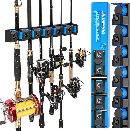 PLUSINNO Fishing Rod Holders - V6 Vertical Support for Extra Large & Heavy Fishing Rod Combos, Garage & Wall Mounted Rack Storage - style: Upgraded 1pack (Support Heavy rod combos)