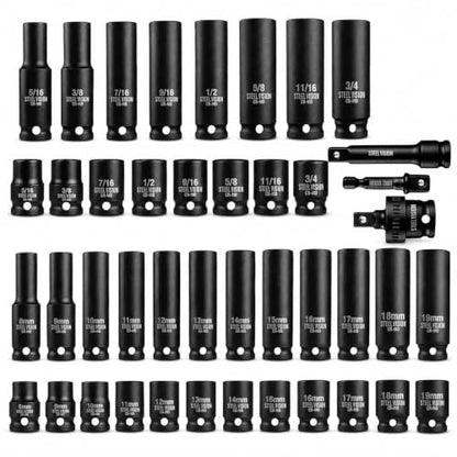 43‑Pc 3/8″ Impact Socket Set – SAE & Metric (5/16–3/4″, 8–19 mm), 6‑Point Deep & Shallow Sockets, Chrome‑Moly Steel, Includes Adapter, Extension, Universal Joint – Black Phosphate, Laser‑Etched - size: 3/8"_SAE&Metric_43pc