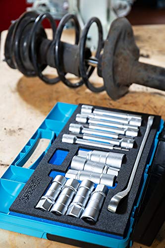HAZET Shock Absorber Tool Set 4915/15 | 15-Piece Set, Square Drive, Hollow Pin Profile, Inner and Outer Hexagonal Output, for Working in the Suspension Strut Area of the Car, Made in Germany