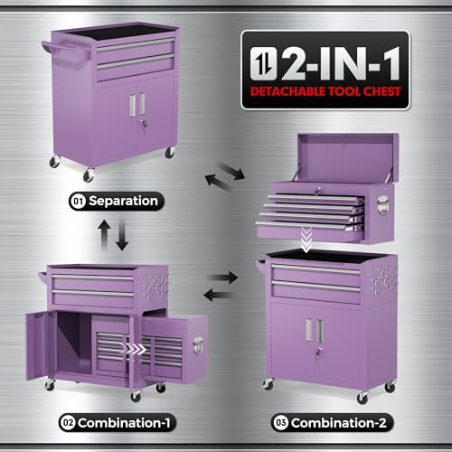 INTERGREAT 8 Drawers Tool Chest, 42'' Large Rolling Tool Chest with Drawers, Detachable Top Tool Box, Tool Cabinet for Repair Room,Warehouse, Rolling Tool Box with Hooks,Tray Divider,Liners(Purple) - color: Purple, size: 8 Drawers