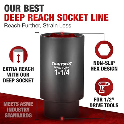 TIGHTSPOT 1/2" Dr 1 1/4 Inch Deep Socket, Anti-Round 6-Pt, CRV Steel - size: 1/2” Drive 1 1/4” Deep Impact Socket - 6pt, style: 1/2" Drive Deep Socket