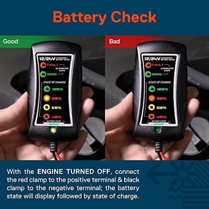 True Mods 12V 24V DC Automotive Auto Car Battery and Alternator Tester [Large Clamps] [LED Indication] Digital Checker Diagnostic Tool for Van Pickup Truck Vehicle Motorcycle