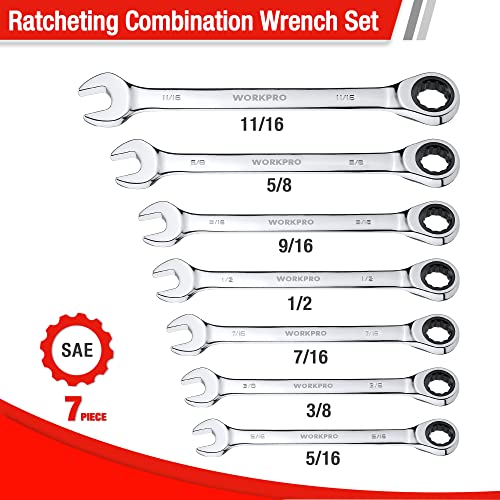 WORKPRO 7-Piece Ratcheting Combination Wrench Set, 72 Teeth, Cr-V Constructed, Combo Ratchet Wrenches Set with Roll Up Pouch, SAE 5/16"-11/16" - size: SAE