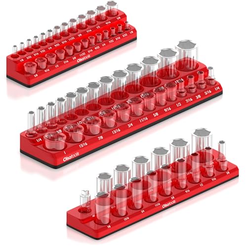 Olsa Tools Magnetic Socket Organizer - 3-Piece Drive SAE Socket Holder Set with Strong Magnets - Professional Tool Holder and Organizer - Stores up to 68 Sockets - Red - Part: 1150 - color: Red, Sae, size: 3 Piece Set - 1/4-Inch, 3/8-Inch, & 1/2-Inch Driv
