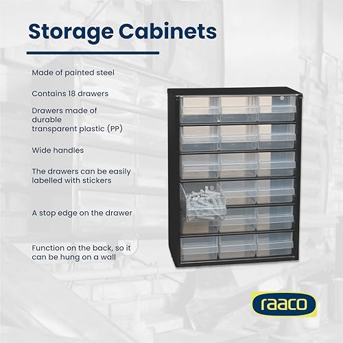 Raaco Steel Storage Cabinet, Standard 18-Drawer (C9-18) - Nuts & Bolts | Clear Polypropylene Plastic Drawer, Small Parts Organizer, Screws, Nuts & Bolts, Crafts & Hardware - For workshop and garage - size: Standard-18D, style: Steel Cabinets