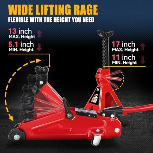 Auto Dynasty 2 Ton (4000 lbs) Capacity Floor Jack Low Profile Garage Hydraulic Trolley Service Lift Floor Jack Combo with Ratchet Jack Stands for SUV, Car and Truck, Red - color: Red