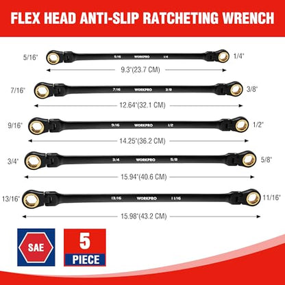WORKPRO Extra Long Flex-Head Ratcheting Wrench Set, 5-piece Anti-Slip Double Box Wrenches Set, SAE 1/4-13/16 mm, 72-Teeth, Cr-V Steel and Black Electrophoretic Coating Wrenches with Rolling Pouch - size: SAE