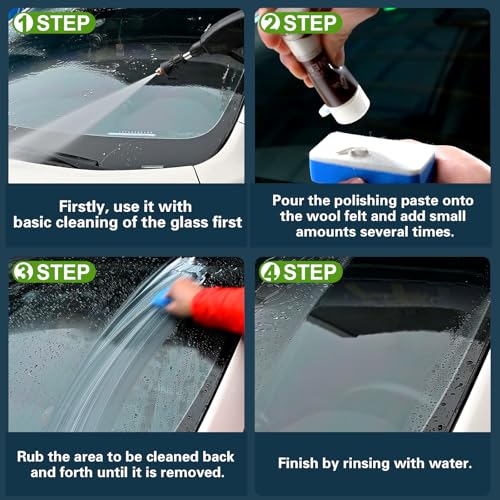 Glass Polish 1.7oz (50ml), Cerium Oxide Glass Polishing Compound for Car Windshield, Mirror, Headlights, Scratch Remover, Oil Film Cleaner, Stain & Water Spot Removal, Restores Clarity, White