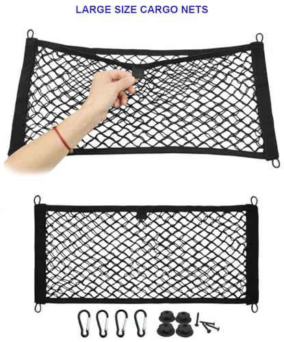 [2 Pack] JAVOedge Large Cargo Net for Car, SUV, Truck, RV, Boat – Elastic Storage Mesh Organizer with Built‑in Hooks, 8 Screws & 8 Carabiners – Heavy‑Duty Trunk Cargo Net & Vehicle Storage Bag - size: Large (21.9 Inches x 13.7 Inches)