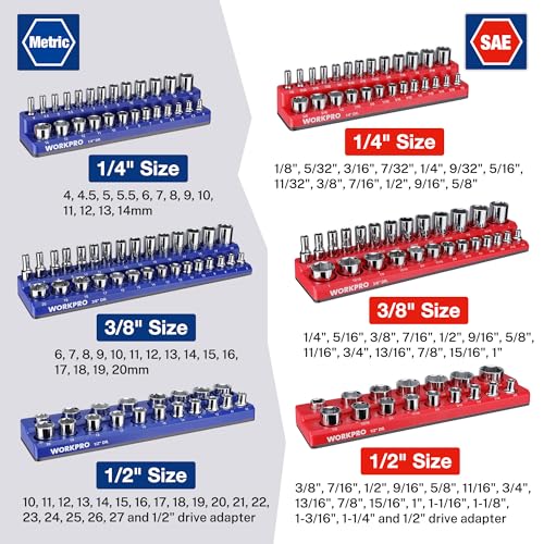 WORKPRO 8-Piece Magnetic Socket and Wrench Organizer Set | 6-Piece Socket Holders, 1/4" 3/8" 1/2" DR Tool Trays, For Metric SAE Sockets, 2-Piece Wrench Holders, For Metric SAE Wrenches