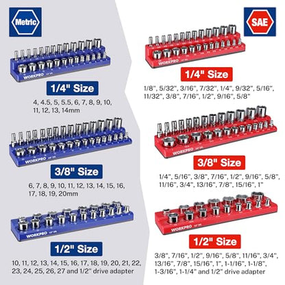 WORKPRO 8-Piece Magnetic Socket and Wrench Organizer Set | 6-Piece Socket Holders, 1/4" 3/8" 1/2" DR Tool Trays, For Metric SAE Sockets, 2-Piece Wrench Holders, For Metric SAE Wrenches