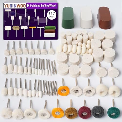 114 PCS Polishing Bits for Dremel, Abrasive Buffing Wheels 1/8 Inch Shank with 3Pcs Polishing Compound, Polishing Kit Rotary Tool Accessories for Metal Wood Watch Jewelry Glass Brass - style: 117 PCS