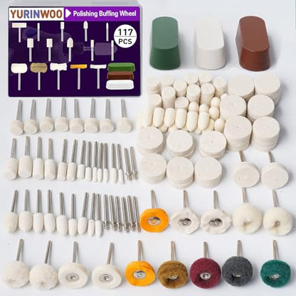 114 PCS Polishing Bits for Dremel, Abrasive Buffing Wheels 1/8 Inch Shank with 3Pcs Polishing Compound, Polishing Kit Rotary Tool Accessories for Metal Wood Watch Jewelry Glass Brass - style: 117 PCS
