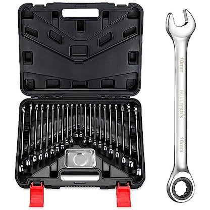 BULLTOOLS 23-Piece Ratchet Wrenches Chrome Vanadium Steel Ratcheting Wrench Set with Metric and SAE 72-Tooth Box End and Open End Standard Wrench Set with Organizer Box