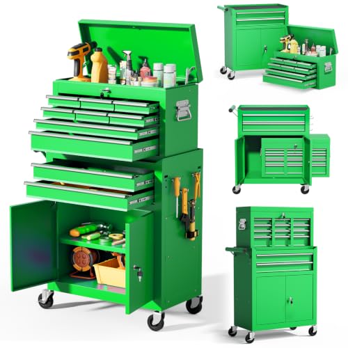 10-Drawer Rolling Tool Chest with Wheels, 2 in 1 Lockable Tool Box with Drawers, High-Capacity Mechanic Tool Organizer, Adjustable Shelf & Detachable Top Cabinet for Workshop Garage, Green - color: Green