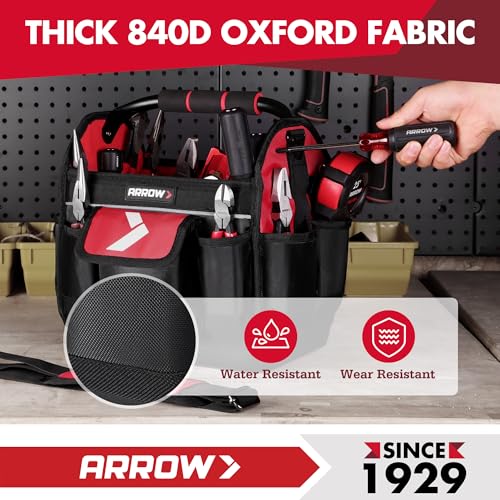 ARROW 12" Tool Tote with Waterproof Hard Base, Electrician Tool Bag | 19 Pockets, 840D Oxford Fabric, Open Top Tool Bag for Plumber Mechanic HVAC Automotive