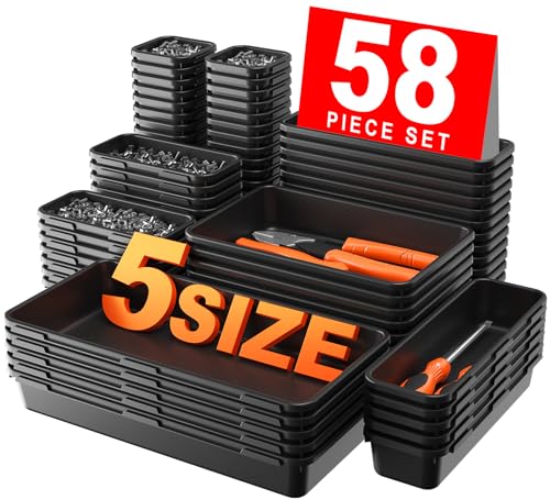 A-LUGEI【𝟱𝟴𝗣𝗰𝘀】【5 Size】 Tool Box Organizer Tray Divider Set, 【Black】 Desk Drawer Organizer, Garage Organization and Storage Toolbox Accessories Rolling Tool Chest Cart Cabinet WorkBench Small Part - size: 58pcs-5 Size