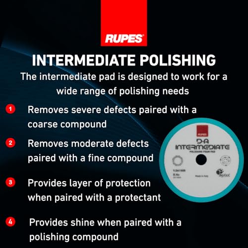 RUPES 9.DA150B Pack of 12 Light Blue D-A Intermediate Foam Polishing Pads 150mm | Ideal for Paint Correction & Gloss Enhancement | Compatible with 5" Backing Plate | Improves Cutting Performance - size: Intermediate 150mm, style: Pack of 12