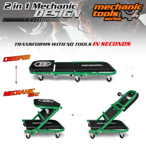 M-AUTO Foldable Z Creeper 2-in-1 Rolling Folding Car Creeper & Seat, 36" Adjustable Roller Garage Chair Lay Down or Sit, 330LBS Capacity Under Car Roller Creeper with 6 Swivel Casters, Green - color: Green, size: 36"