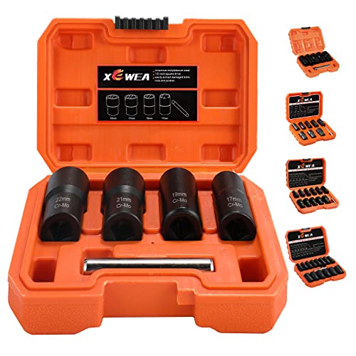 XEWEA Bolt Nut Extractor Set, 5PCS 1/2 Drive Easy Out Broken Wheel Tire Lug Nut Extraction/Remover Socket Set for Damaged, Frozen,Studs, Rounded Stripped Bolts & Nuts Screws - color: 5pcs 1/2" Drive
