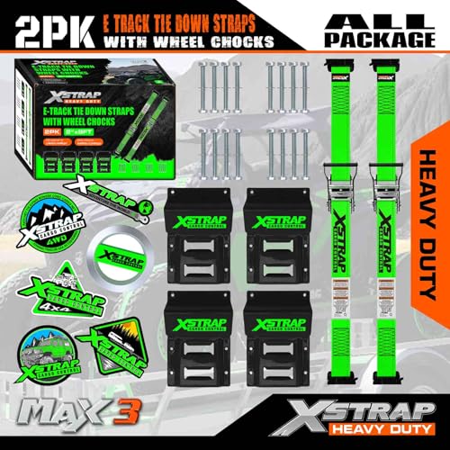 XSTRAP STANDARD 2-PK Wheel Chock E-Track Tie Down Straps Kit, 2"x9FT, Green | 4,400lb Break Strength Over-The-Tire Ratchet Straps with Steel Wheel Chocks for ATV, UTV, Lawn Mower, Trailer Hauling - size: Green-2PK-9FT