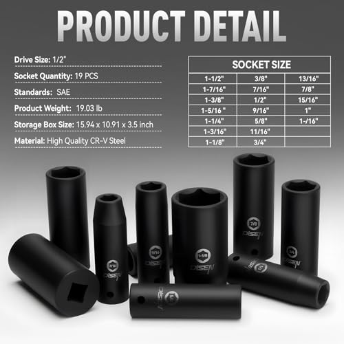 DISEN 19 Pcs 1/2" SAE Impact Socket Set | Deep Sockets 3/8"- 1-1/2", 6-Point Cr-V & Alloy Steel, 1/2 Inches Drive, Rugged Construction, Enhanced Storage Case - style: 1/2" SAE Impact Socket Set