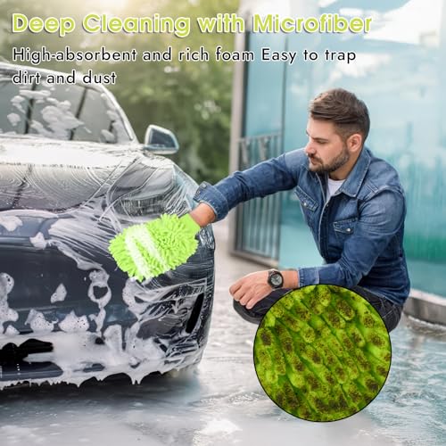 3 Pack Chenille Microfiber Car Wash Mitt, 7" x 9.6", Green | Car Washing Mitts, Home Dusting Gloves, Scratch Free Lint-Free, Highly Absorbent, Double Sided, for Cleaning Detailing Polish - color: Green