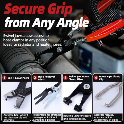 6-Piece Hose Clamp Pliers Set - Automotive Hose Clamp Removal Tool Kit for Coolant, Radiator, Heater & Water Hoses | Flexible Long Reach Flat Band for Car (Red, 6+21PCS Hose Clamp Pliers Set)