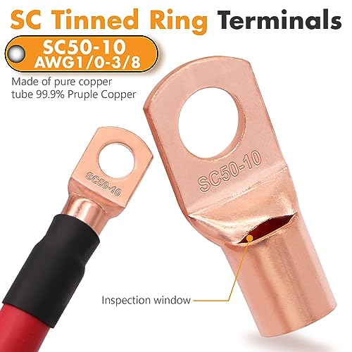 Jeemiter 1/0 Gauge Wire CCA Copper Clad Aluminum (20FT Red) - Battery Cable,Power/Ground Cable for Car Amplifier,Big 3 Upgrade,Auto with Lug Terminal Connectors & 3:1Heat Shrink Tubing - size: 20FT Red